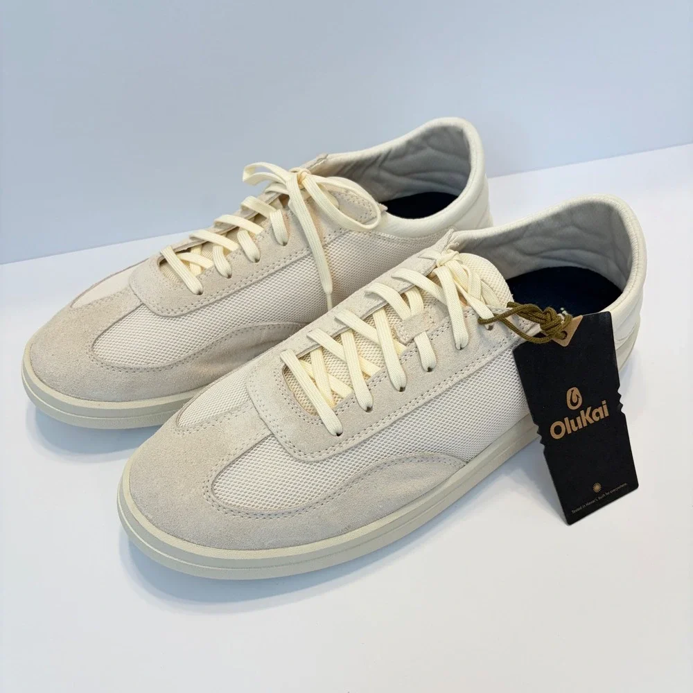 OluKai Punini Mens 11.5 White Sand Mesh Suede Sneakers NEW Drop In Heel Casual